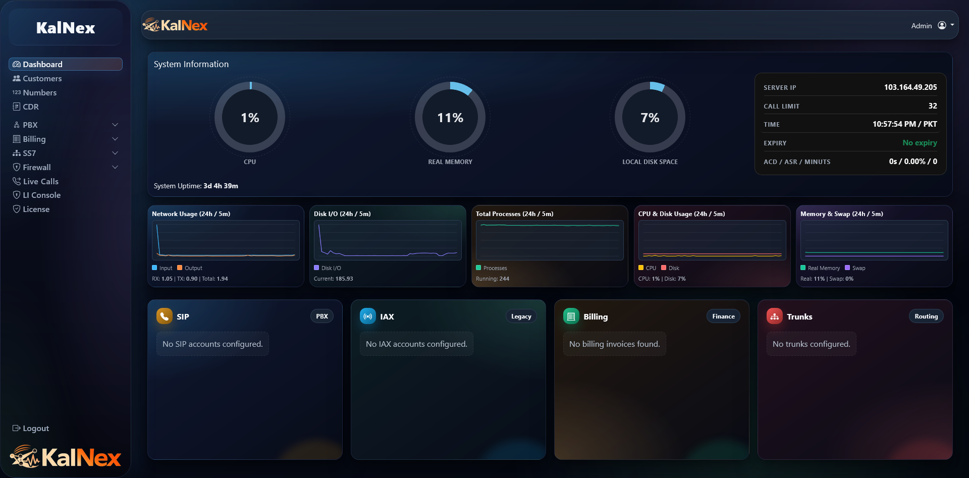 Kalnex dashboard in dark and light mode for SIP, SS7, billing, trunks, and live-call operations.